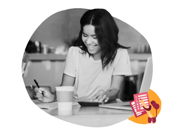 happy young woman working on documents with coffee cup, smiling student notes on table with laptop and calculator