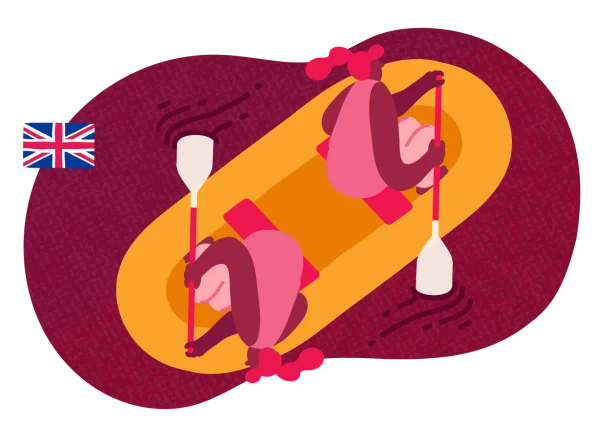 kayakers paddling in a bright yellow canoe with a maroon background and a British flag, digital illustration of outdoor adventure