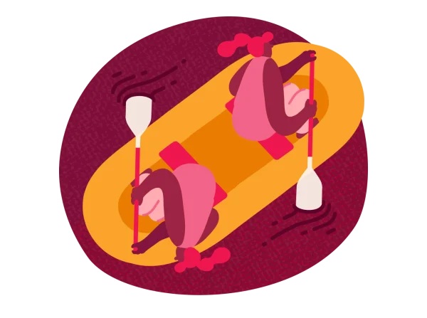 kayakers in a colorful boat paddling together on a river, vibrant pink and maroon background, two people enjoying kayaking adventure