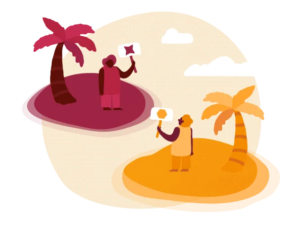 two figures holding signs on colorful sandy islands with palm trees and clouds in a stylized tropical setting, vibrant tropical scene featuring people with signs, palm trees, and clouds