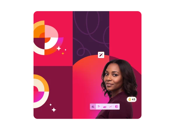 colorful digital art with abstract shapes and vibrant backgrounds featuring a smiling woman with shoulder-length hair, creative profile image with geometric design elements and statistical graphics