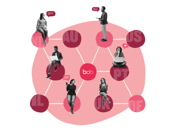 network of diverse individuals engaging digitally, bob logo in center with speech bubbles and country abbreviations