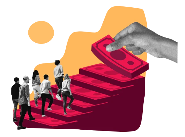 people ascending steps made of cash, with a hand adding more money on top, symbolizing financial growth and success, financial success growth steps
