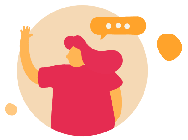 colorful illustration of a woman waving with text bubble, woman with pink hair and casual attire in a circular background