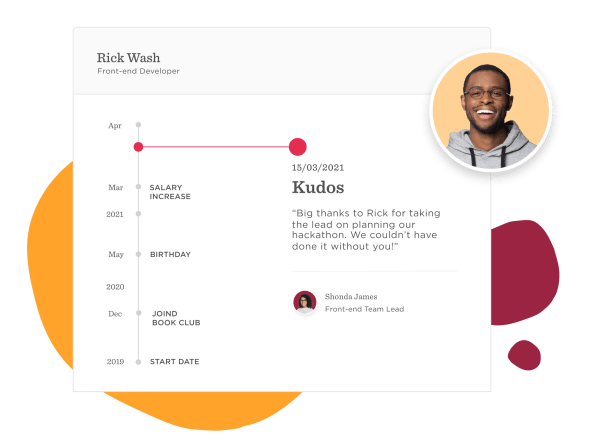 Rick Wash's timeline highlights career milestones, including salary increase, birthday, and kudos from Shonda James., career milestones, employee recognition