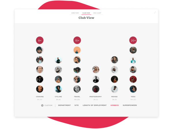 hobby categories chart with user photos, showing engagement in cooking, cycling, travel, photography, movies, yoga, club view user hobbies analysis