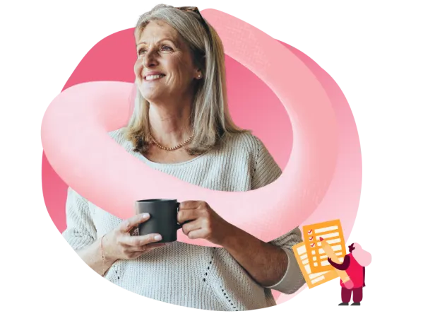 smiling woman with coffee cup in hand against pink abstract background, illustration of checklist symbolizes organization and productivity