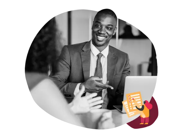businessman gesturing in a meeting with laptop and checklist illustration, professional discussion in modern office setting