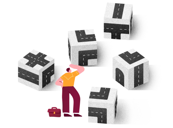 man pondering over abstract roadblocks, surrounded by cubes depicting different road layouts, creative problem-solving illustration