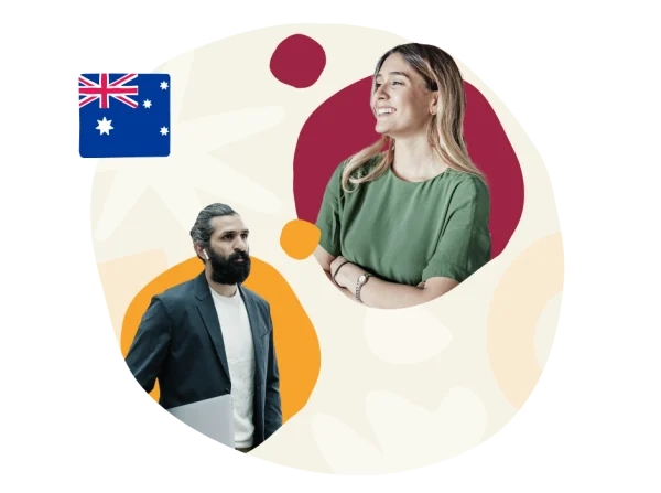 business professionals, Australia flag and diverse individuals with modern attire and a creative background