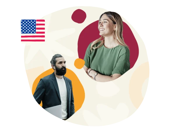 professional man and woman, vibrant colors, US flag, modern style, diverse team, engaging expressions, creative atmosphere