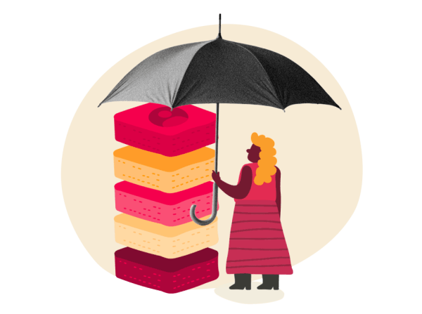 woman with umbrella standing near colorful layered dessert, illustration of stacked sweets emphasizing vibrant colors