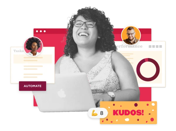 happy woman working on a laptop with performance metrics, automated tasks, and kudos displayed visually, digital workspace, productivity tools