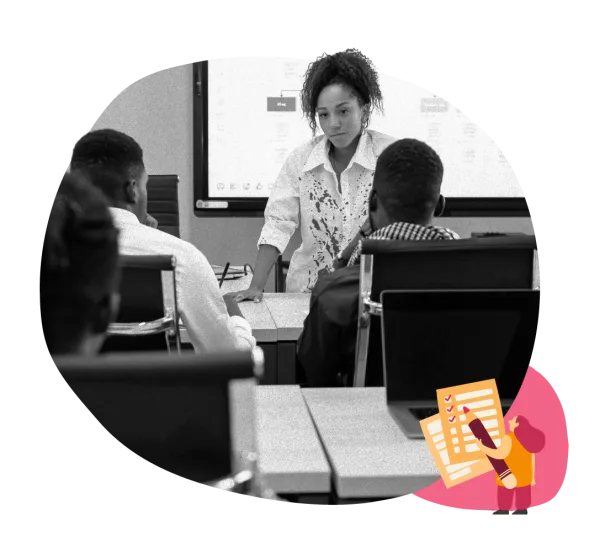 black and white classroom scene with a female presenter addressing students, digital screen displays, notes on the table, presentation, learning