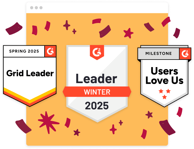 G2 Leader badges highlighting achievements for Winter 2025 and Spring 2025, decorated with colorful confetti. Awards, achievements