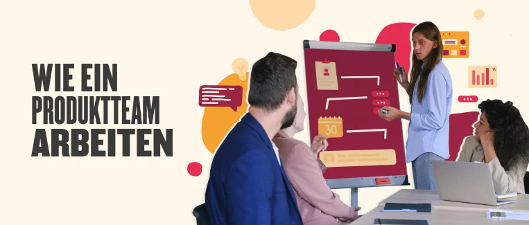 Präsentation eines Produktteams mit Flipchart und Grafiken, fokussiert auf Teamarbeit und Workflow. produktteam, arbeiten