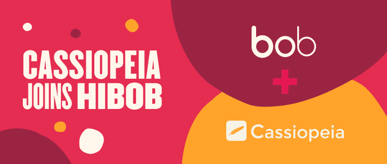 CASSIOPEIA JOINS HIBOB, logos on colorful background, signifies collaboration between companies., CASSIOPEIA, HIBOB