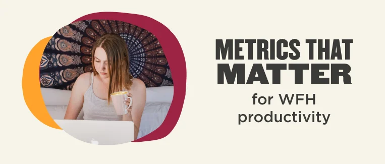 woman working from home, metrics for productivity, colorful background elements