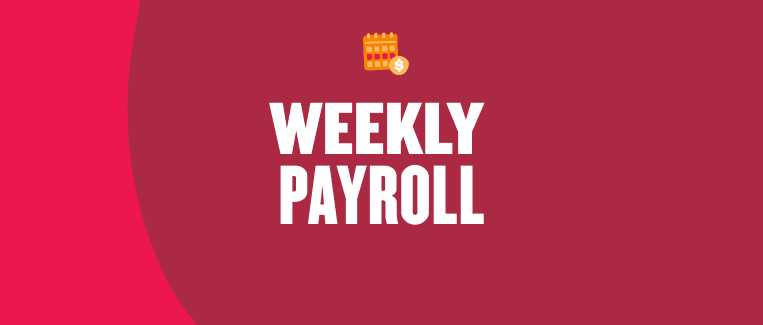 weekly payroll graphic with calendar and dollar sign on a red background, financial management and budgeting concept