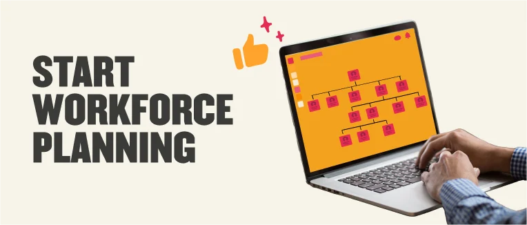 start workforce planning, laptop with workflow chart and thumbs up illustration