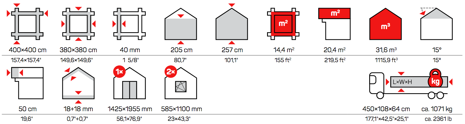 Icons Measurements Arno Garden Houses