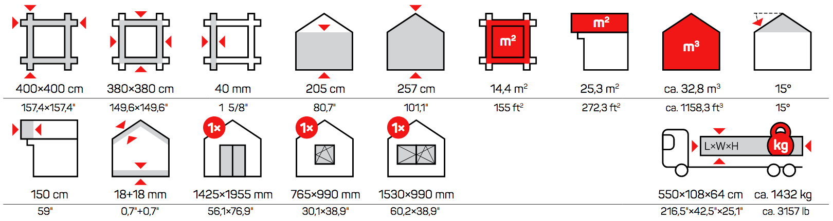 Iconos de medidas de Elo 1 Casitas de jardín