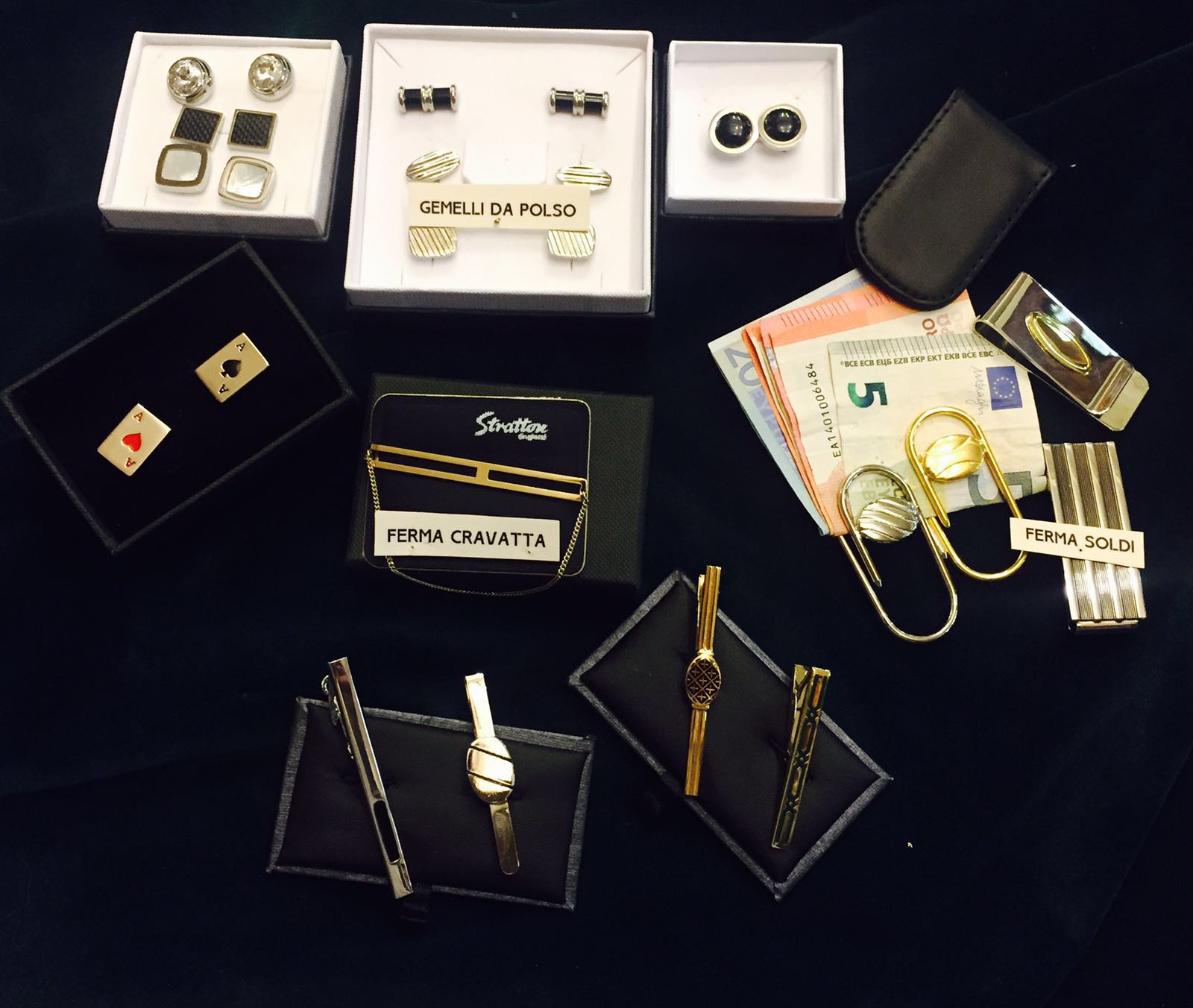 fermacravatte,fermasoldi e gemelli da polso