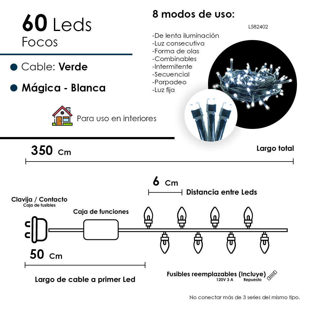 Serie Luces LED Blanca 60 Led, Luz Blanca Cable Verde 8 Funciones 350 cm