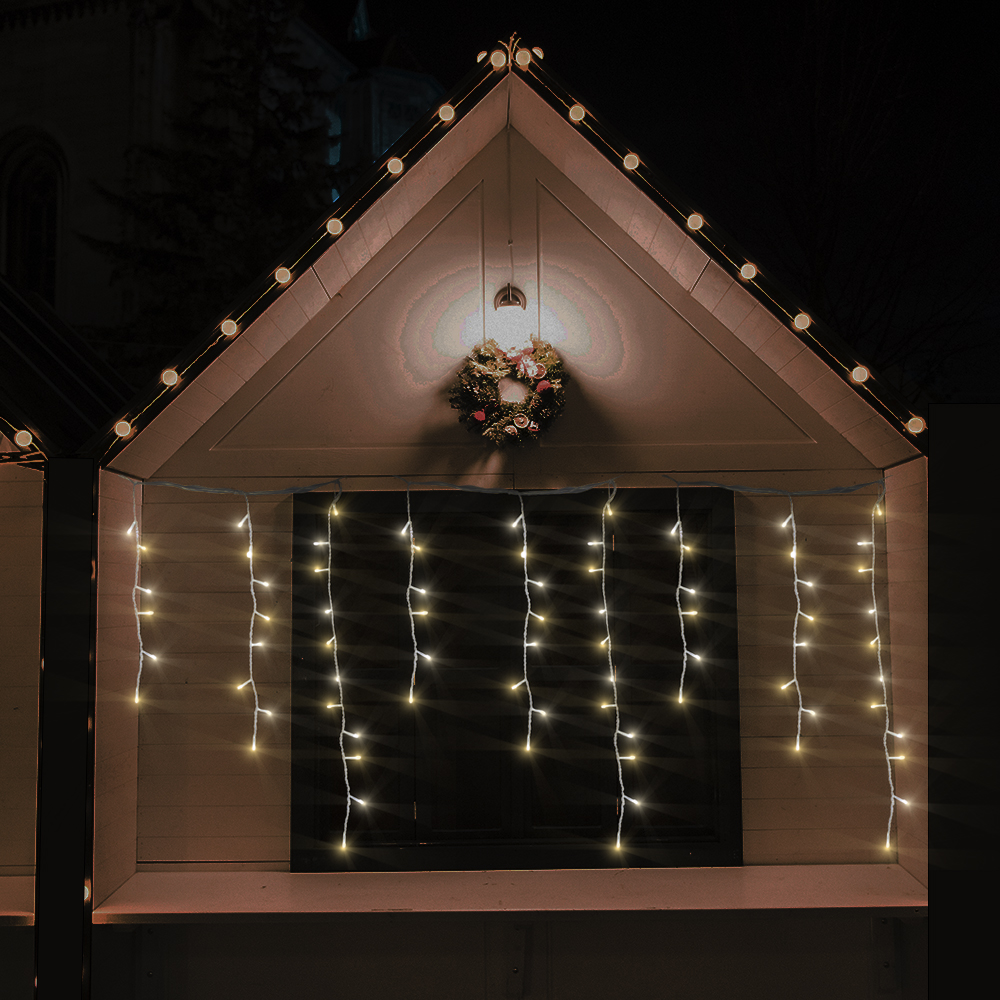 Serie tipo Cascada Luces LED Calida 1200 focos cable Transparente 8 Funciones 2460cm