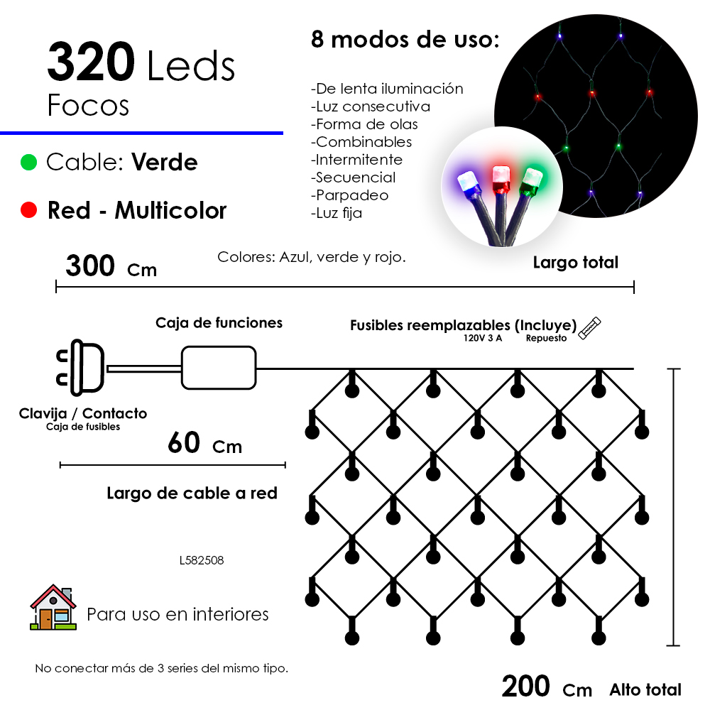 Serie tipo Red Luces LED Multicolor 320 focos cable Transparente 8 Funciones 300cm