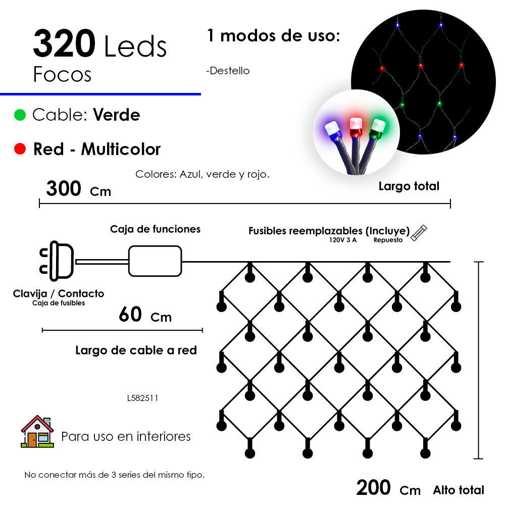 Serie tipo Red Luces LED Multicolor 320 focos cable Verde 8 Funciones 300cm