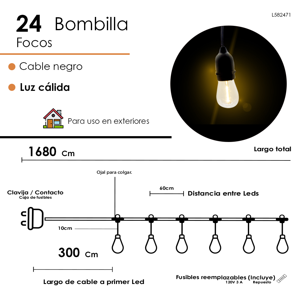Serie con focos de Bombilla Cálida 24 focos, Luz Cálida cable Negro 1680cm
