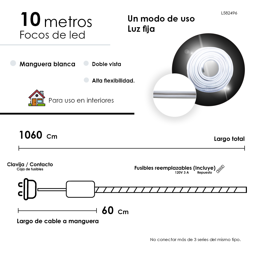 Serie tipo Manguera Luces Tira LED Blanca 10 metros, Luz Blanca cable Flaxible con doble Vista 1060cm, Decoración árboles de Navidad, Luz Navideña, jardines, Bodas, Halloween