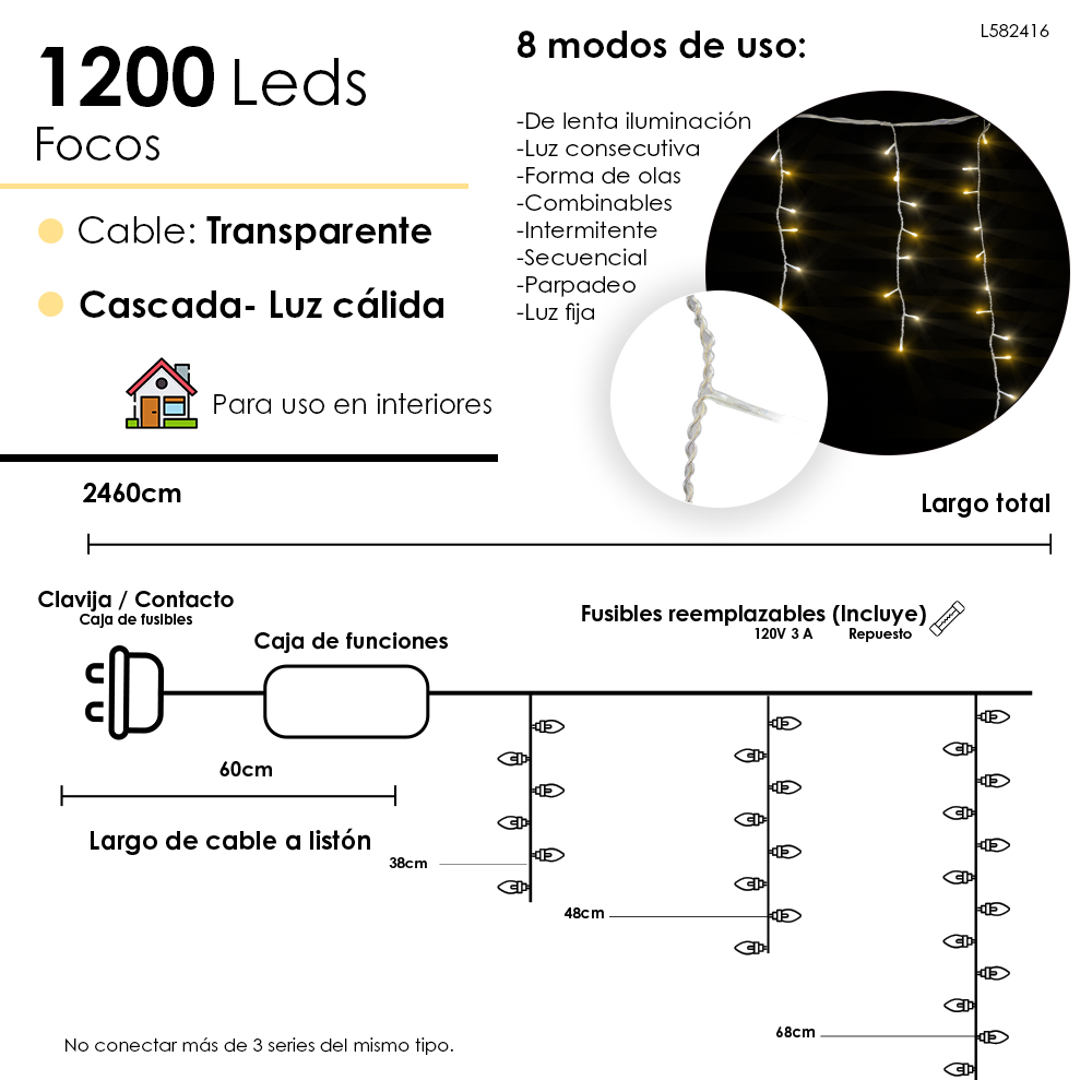 Serie tipo Cascada Luces LED Calida 1200 focos cable Transparente 8 Funciones 2460cm
