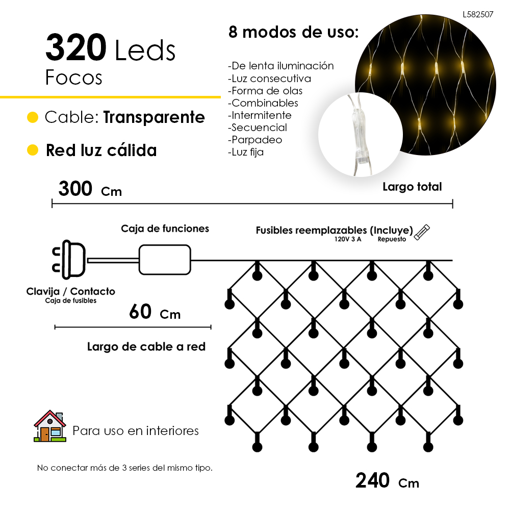 Serie tipo Red Luces LED Calido 320 focos cable Transparente 8 Funciones 300cm