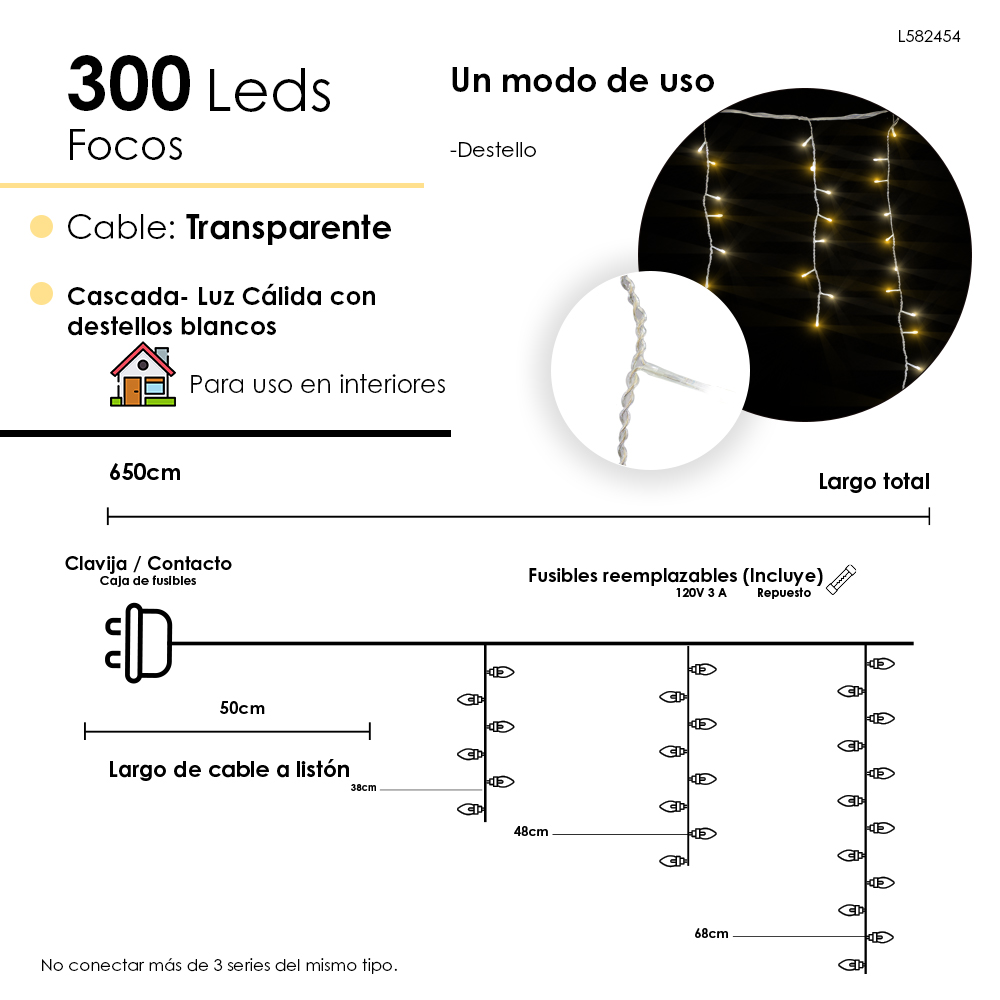 Serie de cortina Luces LED Cálida 300 focos cable Transparente Funciones 650 cm