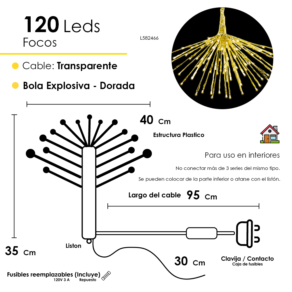 Luz LED de Estrella Navideña de Belén, Cable Transparente 120 leds, Luz Calida Bola Explosiva dorada