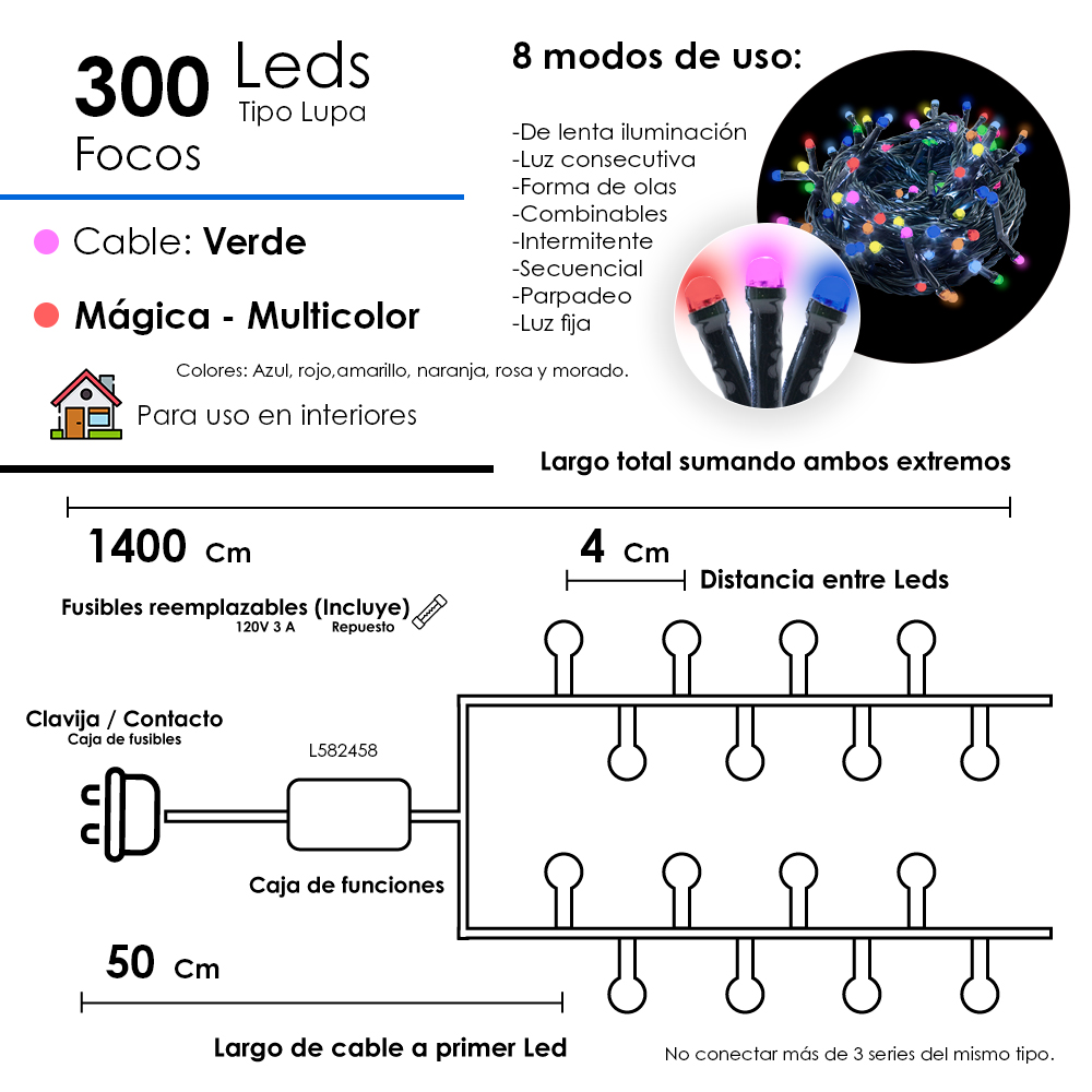 Luces LED Multicolor 300 Led, Luz Multicolor Cable Verde Funciones 1400cm