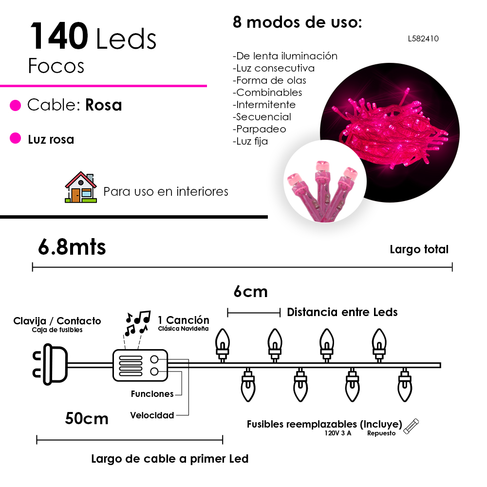 Luces LED Rosa 140 Led, Cable Rosa Funciones 680 cm
