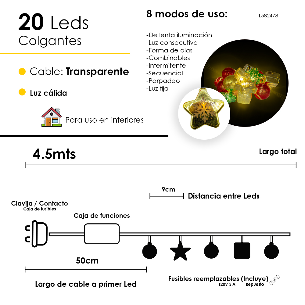 Luces LED 20 Figuras Navideñas Luz Calida Cable Transparente Funciones 450 cm