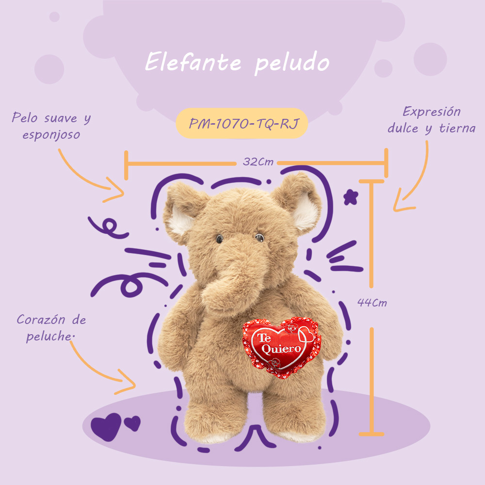 Hermoso Muñeco de Elefante con Corazon Hechos a Mano de 44cm, Regalo de San Valentin, 14 de Febrero Te amo Rojo
