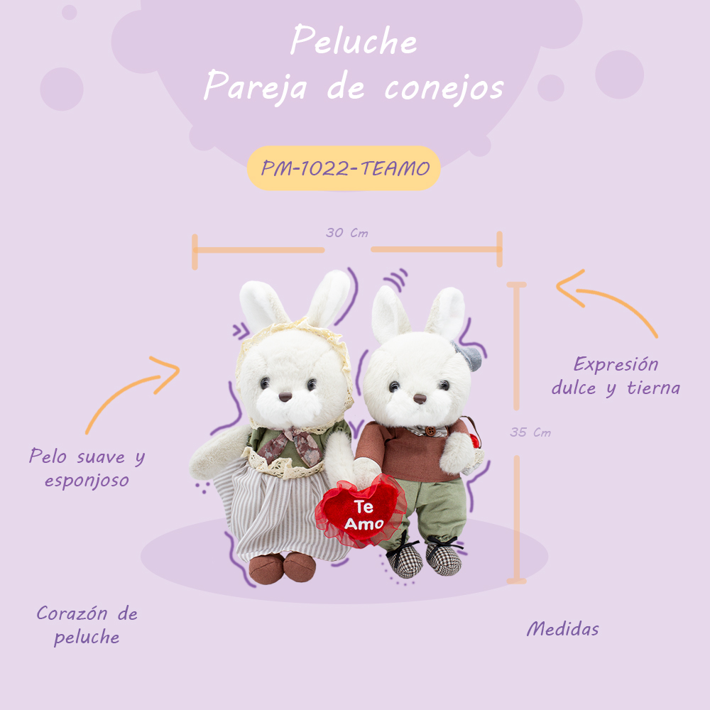 Hermoso Muñeco de Pareja de conejitos con Corazon Hechos a Mano de 22cm, Regalo de San Valentin, 14 de Febrero Te amo Rojo
