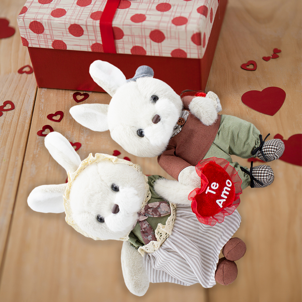 Hermoso Muñeco de Pareja de conejitos con Corazon Hechos a Mano de 22cm, Regalo de San Valentin, 14 de Febrero Te amo Rojo