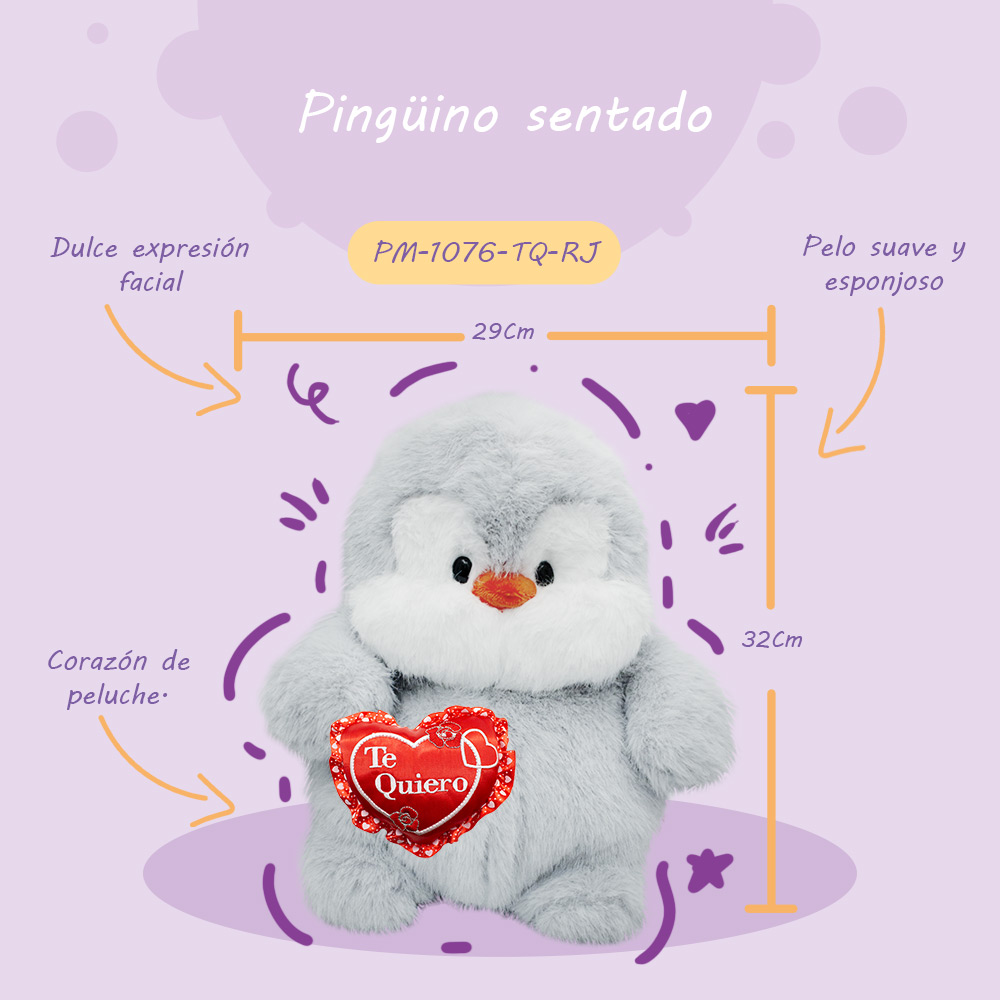 Hermoso Muñeco de Pingüino con Corazon Hechos a Mano de 32cm, Regalo de San Valentin, 14 de Febrero Te quiero Rojo