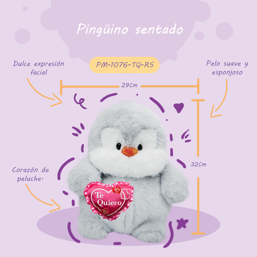 Hermoso Muñeco de Pingüino con Corazon Hechos a Mano de 32cm, Regalo de San Valentin, 14 de Febrero Te quiero Rosa