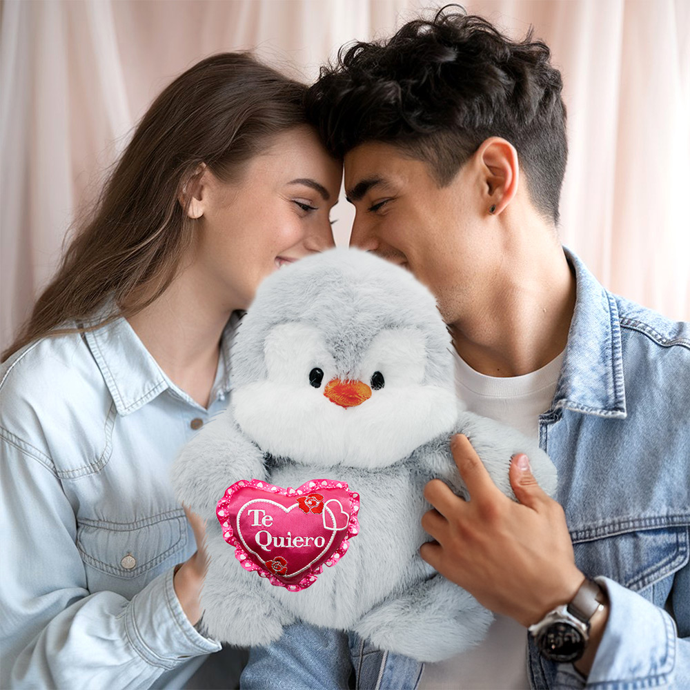 Hermoso Muñeco de Pingüino con Corazon Hechos a Mano de 32cm, Regalo de San Valentin, 14 de Febrero Te quiero Rosa