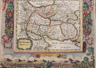 RARE SEVENTEENTH MAP OF PERSIA DECORATIVE BORDER PANORAMA OF ISPHAHAN 1684