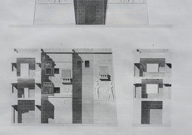 EGYPT THEBES  MEDYNET-ABOU  PLAN ELEVATION COUPES DETAILS DE BAS RELIEFS DU PAVILION