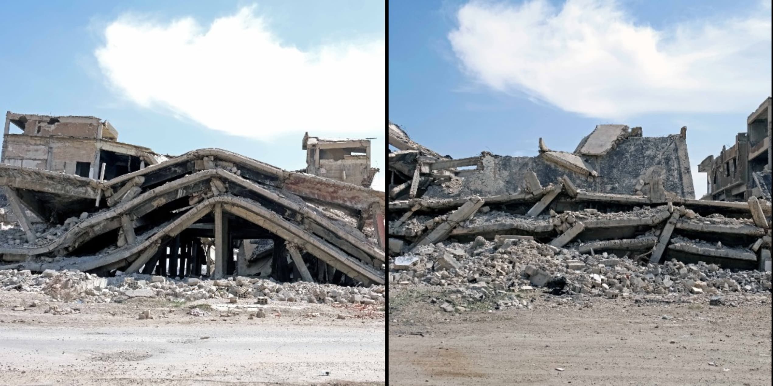 drie naast elkaar staande foto's van platgebombardeerde appartementsgebouwen