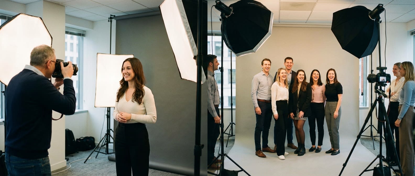 Portraits professionnels, photos d&rsquo;équipe, studio mobile en entreprise.